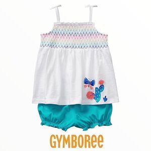 GYMBOREE | White & Teal | BUTTERFLY & CACTUS SMOCKED COTTON SET